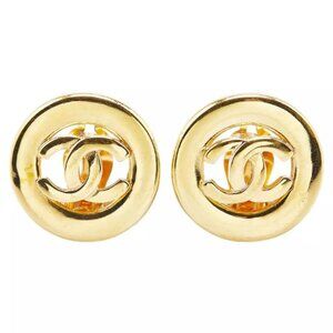 CHANEL CC Logos Circle Round Vintage Clip-On Earrings Gold Tone Auth #4588
